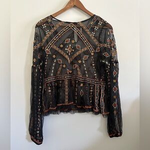 Free People Embroidered Sheer Black Top